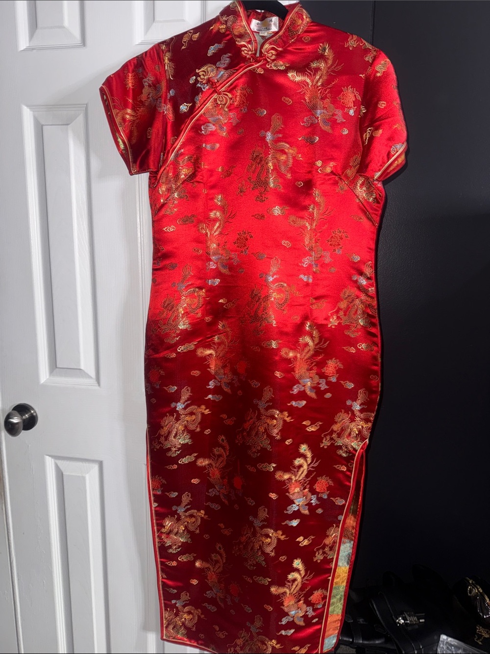 Red Satin Floral Qipao Cheongsam Dress